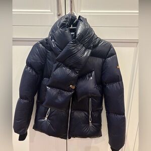Kids Mackage Navy Blue light puffer with matching scarf